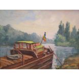 Charles Benard, mid 20thC French oil on board painting, "The tied up boat", signed, moulded frame,