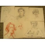 5 good quality, Peter COLLINS (1923-2001) female portraits, differing mediums, Approx average size