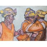 Chris Last 2016 oil on board, "Miners embracing after the last shift at Kellingley Colliery North