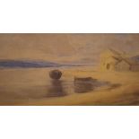 Circle of E Boudin watercolour landscape with Boats and cottages, bears signature, mounted and in