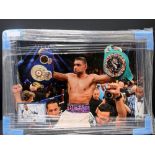Amir Khan - Framed Sign photo 6x4 and unsigned photo with 2 belts with COA. Black/ Gold/ Marbled