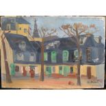 A MINOT oil on canvas "French town square", signed, unframed, 38 x 55 cm