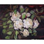 Doris MacDonald oil on board, "white roses" original wide frame. 42 x 52 cm