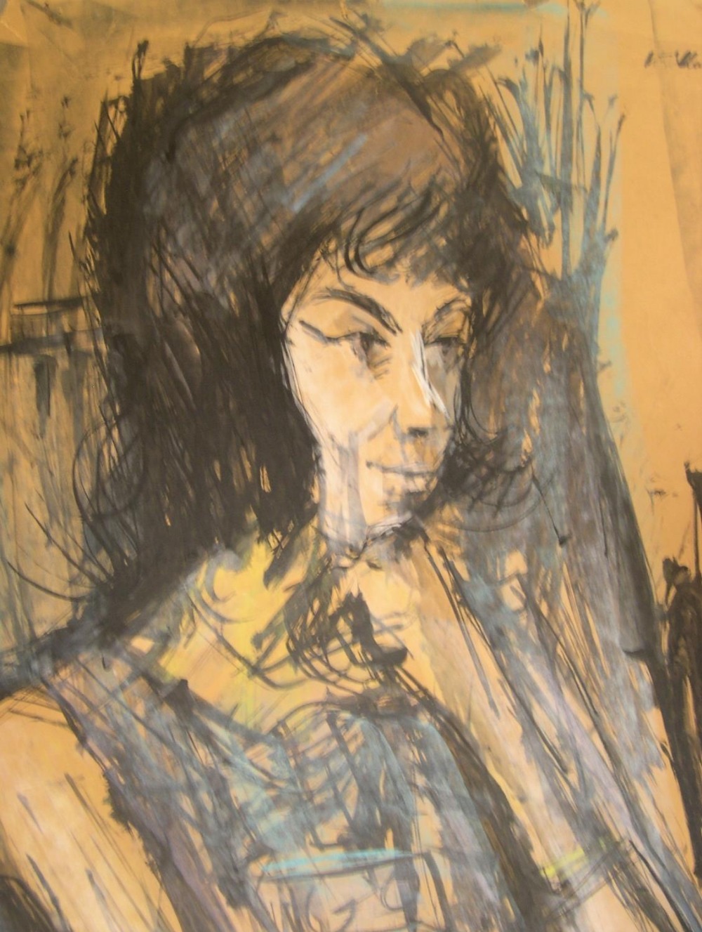 Large Peter COLLINS (1923-2001) watercolour, lady in blue, 50 x 70 cm Tatty/tears round outer some - Image 4 of 4