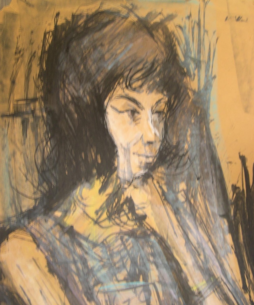 Large Peter COLLINS (1923-2001) watercolour, lady in blue, 50 x 70 cm Tatty/tears round outer some - Image 3 of 4