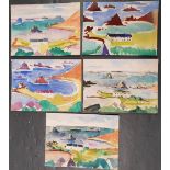 5 unsigned, modernist colourful, Isle of Scilly watercolours, all unframed, All measure approx 25