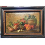 Indistinctly signed oil on board, "Still-life with vegetables" wide wood frame, 29 x 50 cm