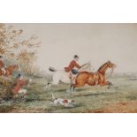 Unsigned, mid 19thC watercolour "British hunting scene", in wood frame, 18 x 28 cm