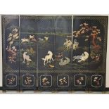 Large 6 panel Chinese ebonised wood screen inlaid to both sides, Total extended size is 183 x 240 cm