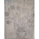 Stylised Astrid MEYER graphite drawing of a potted plant, initialled, distressed wood frame, 43 x 30