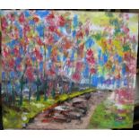 French post-impressionist oil on wood panel, "Country road", unsigned, unframed, 37 x 42 cm