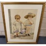 Minnie SMYTHE (1872-1955) watercolour portrait of 2 young girls, signed, modern mount and thin