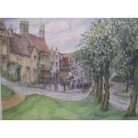 Kathleen E. LAURIE 1950s watercolour "Cotswolds village high street", unsigned, wood frame, 28 x