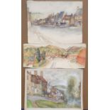 3, Kathleen E. LAURIE 1950s watercolour "Cotswolds scenes", all unframed, 1 waterd amaged to right-