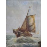 Large unsigned Victorian watercolour "Fishing boat at sea", framed, 49 x 39 cm