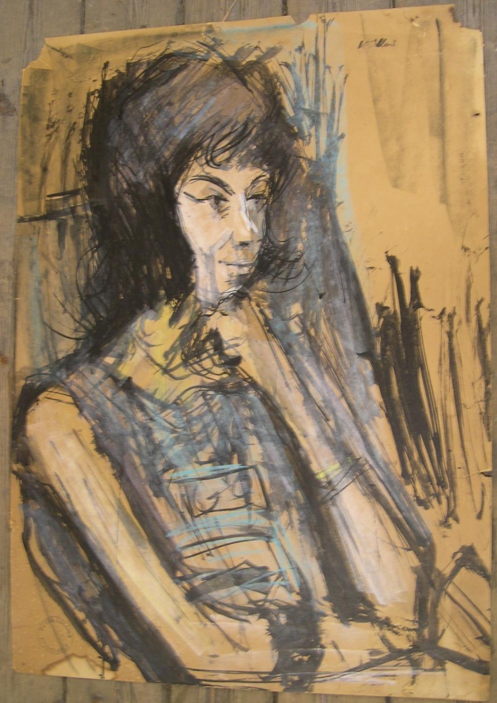 Large Peter COLLINS (1923-2001) watercolour, lady in blue, 50 x 70 cm Tatty/tears round outer some