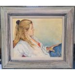 Indistinctly signed oil on board, "Portrait of a young woman" in wide wood frame, 39 x 49 cm