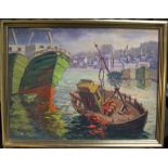 Charles Benard, mid 20thC French oil on board painting "Boats in large port", signed, thin frame, 26