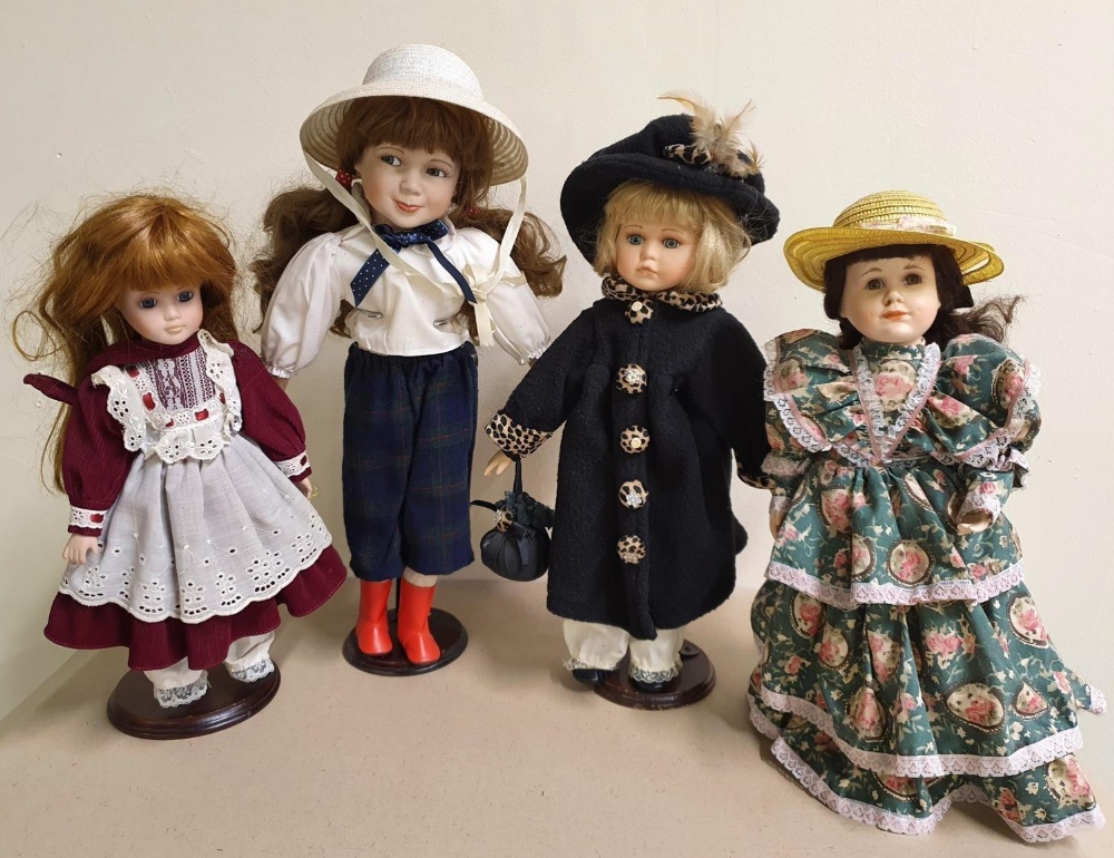 4 porcelain decorative large dolls all on metal stands, 1 with label for Alberon Dolls of London,