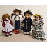 4 porcelain decorative large dolls all on metal stands, 1 with label for Alberon Dolls of London,