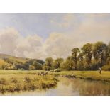 Herbert Moxon COOK (1844-1928/29) watercolour "Extensive pastoral, tranquil river scene", signed, In