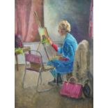 Unsigned 1970s oil on board, "Artist working in studio", wood frame, 39 x 29 cm