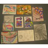 10, Eddie Bianchi (Newcastle-Upon-Tyne active 1975-1995) small cubist drawings, differing mediums,