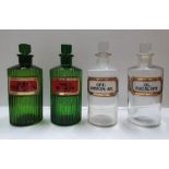 4 large, good quality, clear glass & green Chemist bottles, Each bottle is 20 cm high