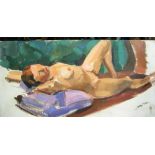 Indistinctly signed, large oil on board, "Reclining female nude", unframed, 34 x 70 cm