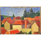 Indistinctly signed 1949 French cubist oil on canvas, "French village roof-tops", unframed, 38 x