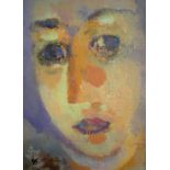 Indistinctly signed 1995 oil on card, portrait "The Face", mounted and framed, 14 x 10 cm