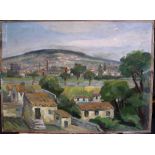 Philip MATTHEWS (1916-1984) oil on wood panel, "View across extensive French village", signed
