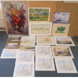 Quantity of 18 unframed oil, watercolours & signed prints