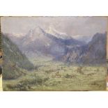 Indistinctly signed impressionist, mid 20thC oil on board, "Extensive mountainous landscape",