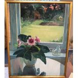 G Halstead oil on board, "The back garden and the potted plant", signed, thin frame, 54 x 42 cm