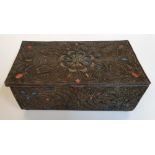 Antique jewellery box with white metal filigree metal-work inset with turquoise & other stones, 32cm