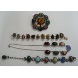 Scottish hardstone jewellery to include a brooch, 2 bracelets and a ladies necklace set in silver (