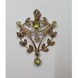 Edwardian art nouveau 9ct gold, peridot & seed pearl pendant