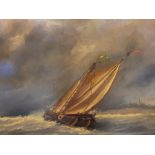Indistinctly signed, modern print on canvas depicting a Victorian fishing boat at sea in a