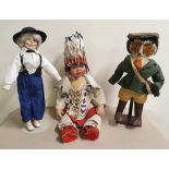 3 decorative large dolls, 2 on metal stands, Average approx height is 45 cm 1 doll missing hands