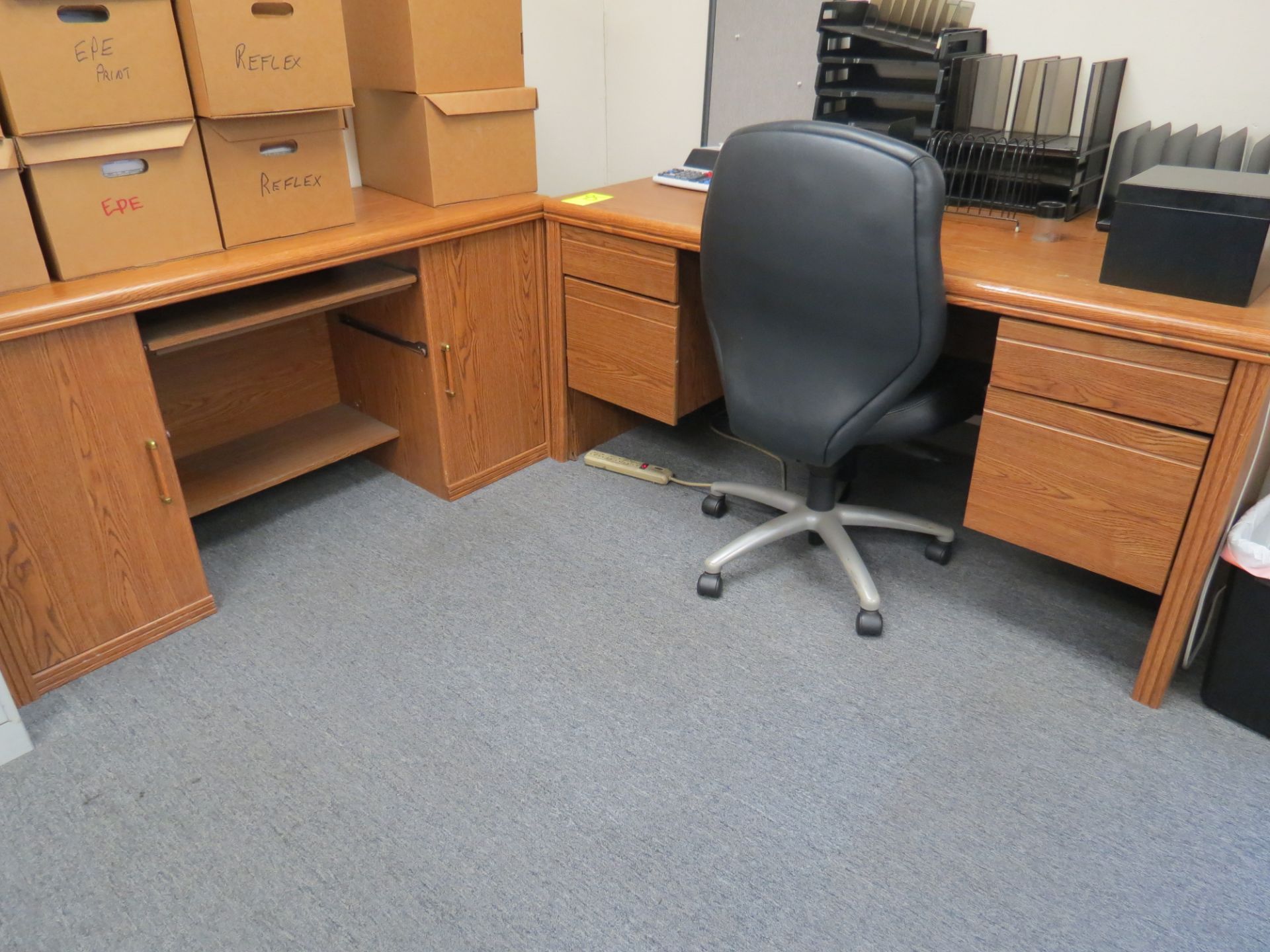 Lot Office Furniture 2-Lamianate Wood Desk with Matching Credenzas, 1-Printer Stand & 2-Chairs