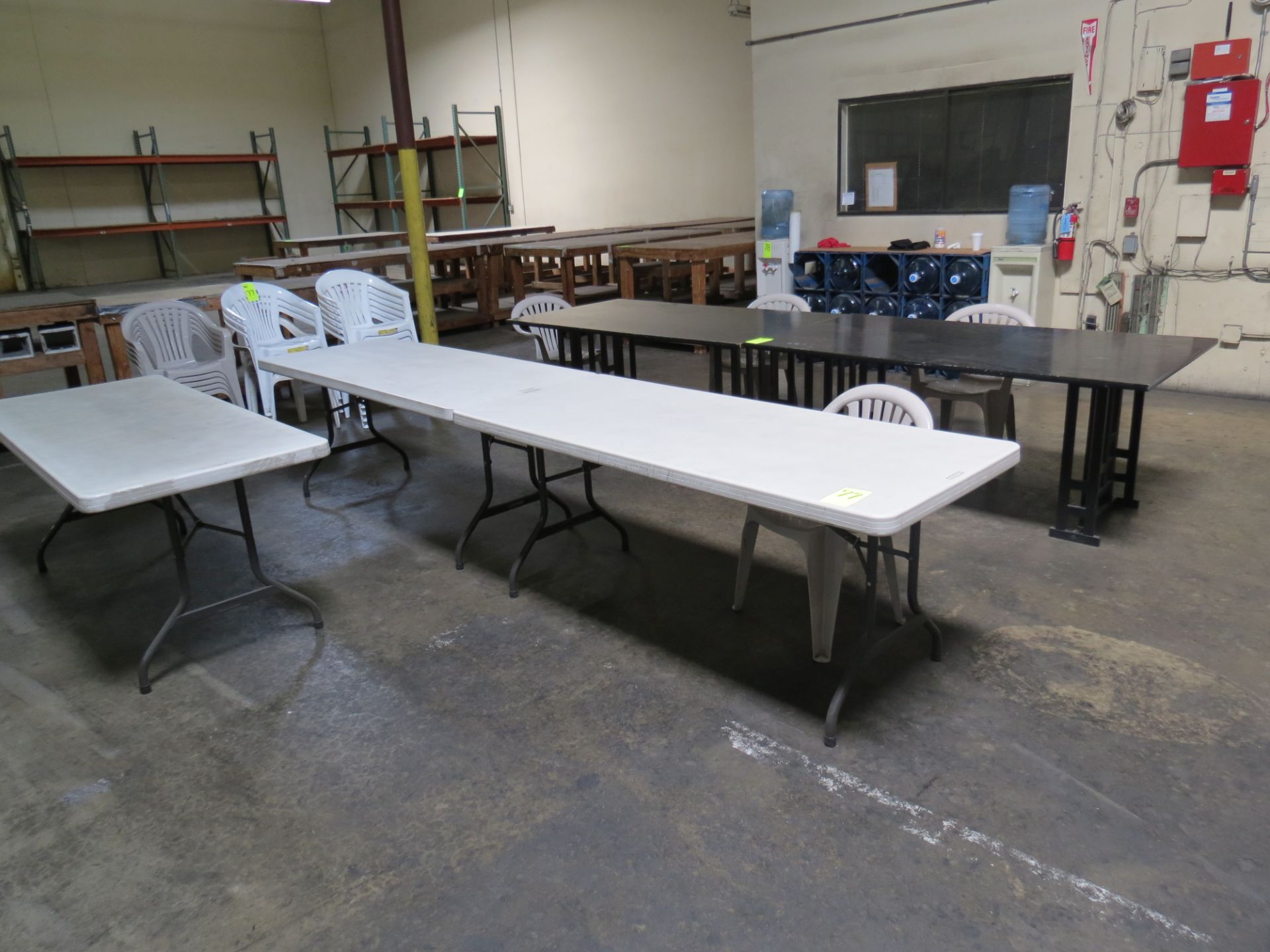 Lot Break Room Tables & Chairs 5-Assorted Tables & 19-Assorted Stackable Plastic Chairs