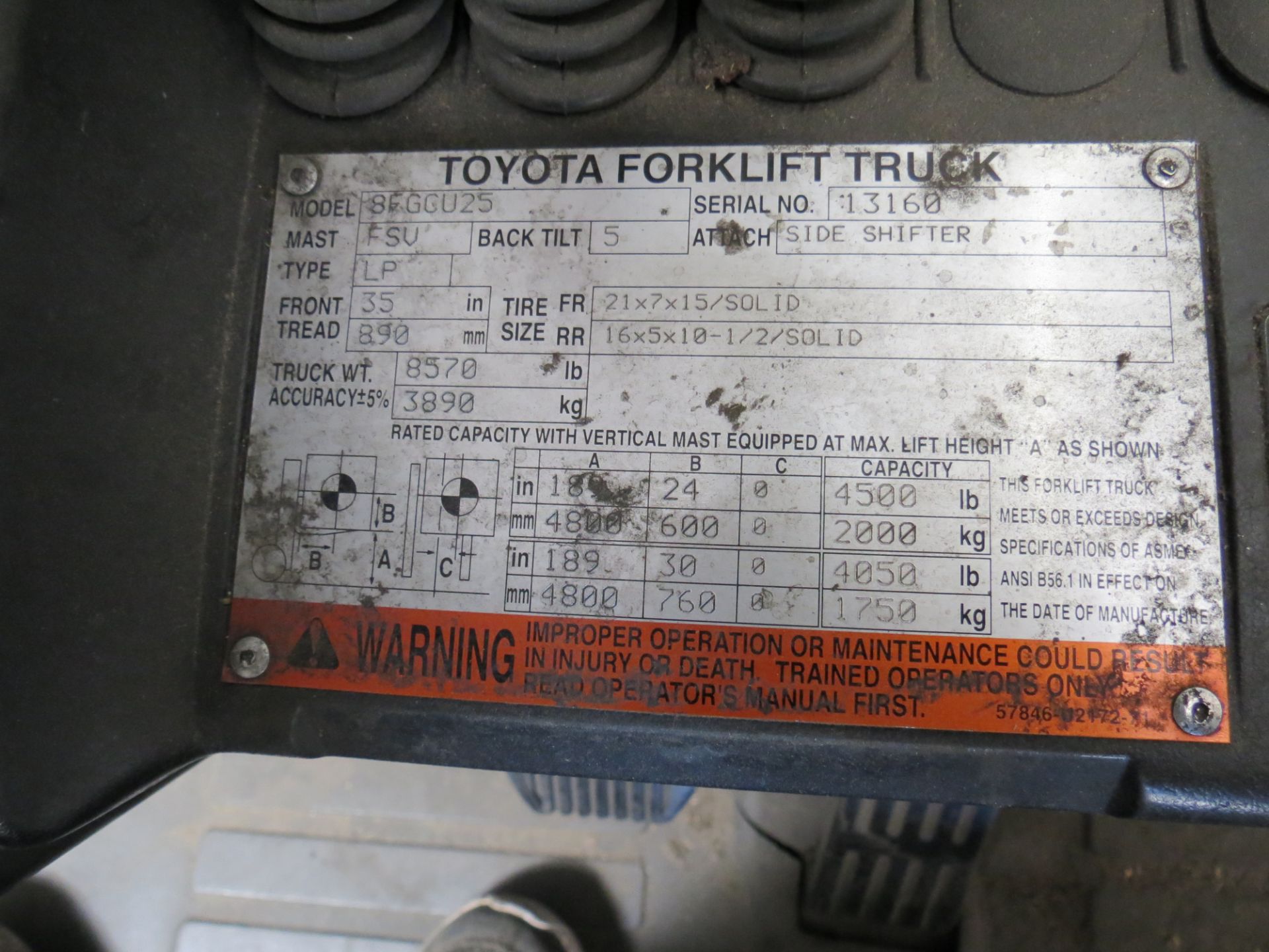 Toyota MDL: 8FGCU25 LPG Forklift 4,500 LBS Capacity 3-Stage, Side Shift SN: 13160(Subject to Deliver - Image 6 of 6