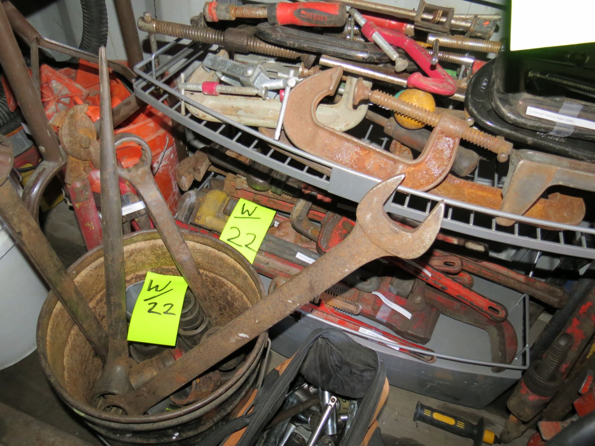 LOT ASSORTED TOOLS, HEAVY DUTY MACHINE WRENCHES, C-CLAMPS, HAMMERS, MALLETS, SCRAPERS & SAW BLADES - Image 3 of 5