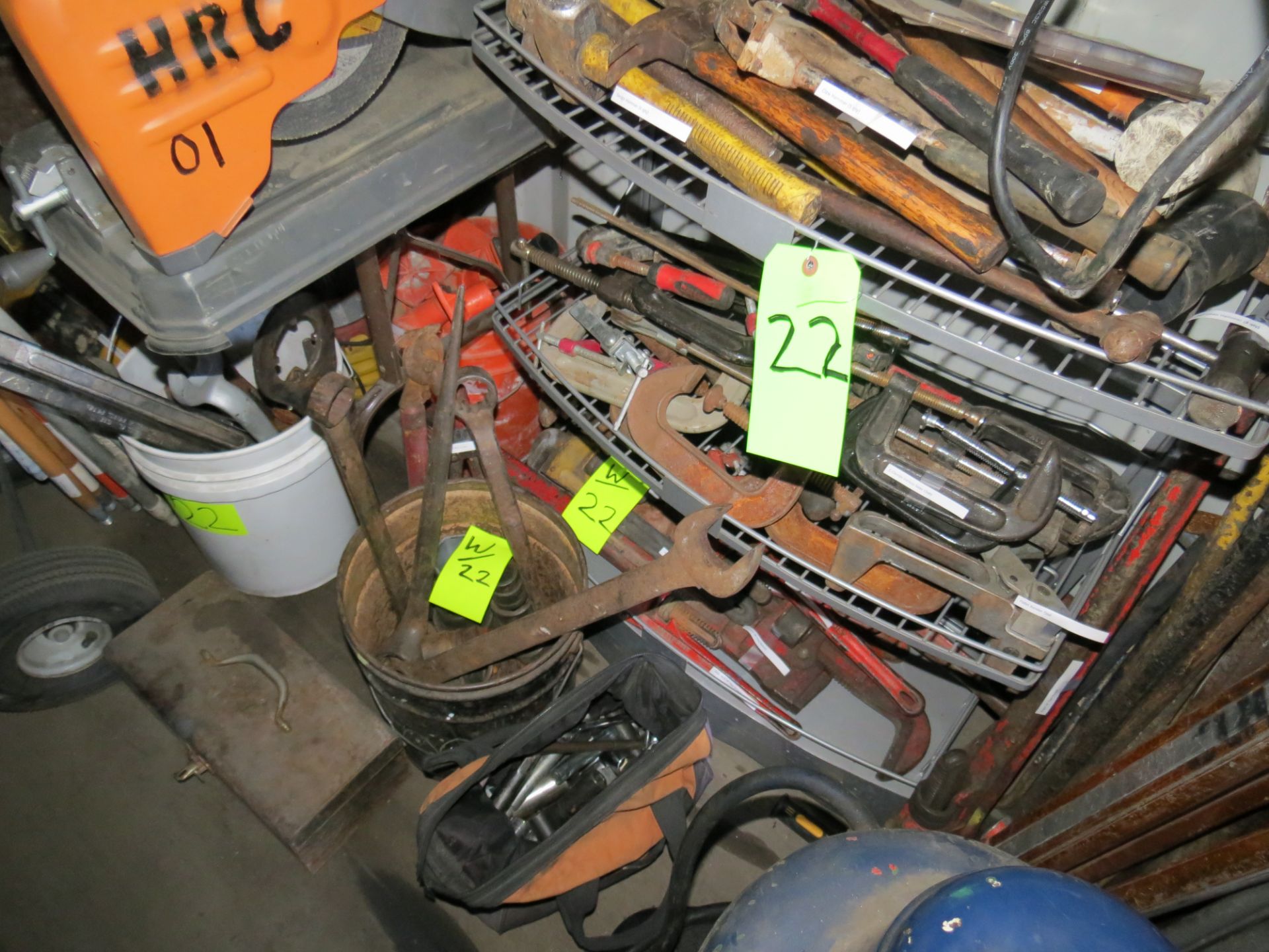 LOT ASSORTED TOOLS, HEAVY DUTY MACHINE WRENCHES, C-CLAMPS, HAMMERS, MALLETS, SCRAPERS & SAW BLADES