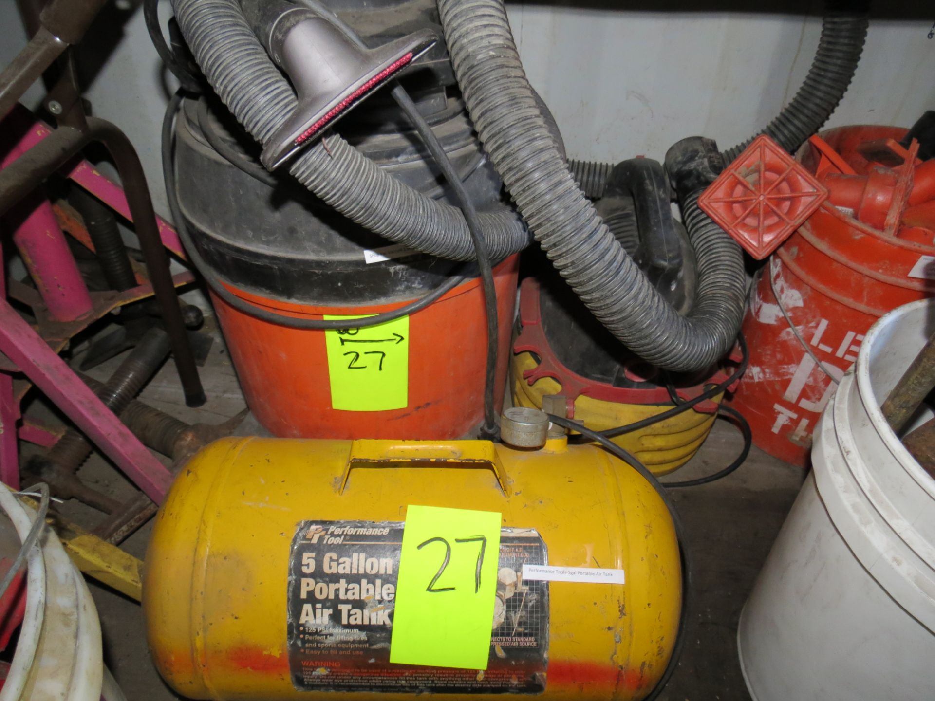 LOT 5 GAL. PORTABLE AIR TANK & 2-ASSORTED SHOP VACS