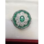 Platinum emerald & diamond daisy style ring -approx 0.95ct old cut diamonds & 1.45ct emeralds