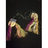 Pair of oriental silk embroidered & tasselled cicada snuff bottle purses