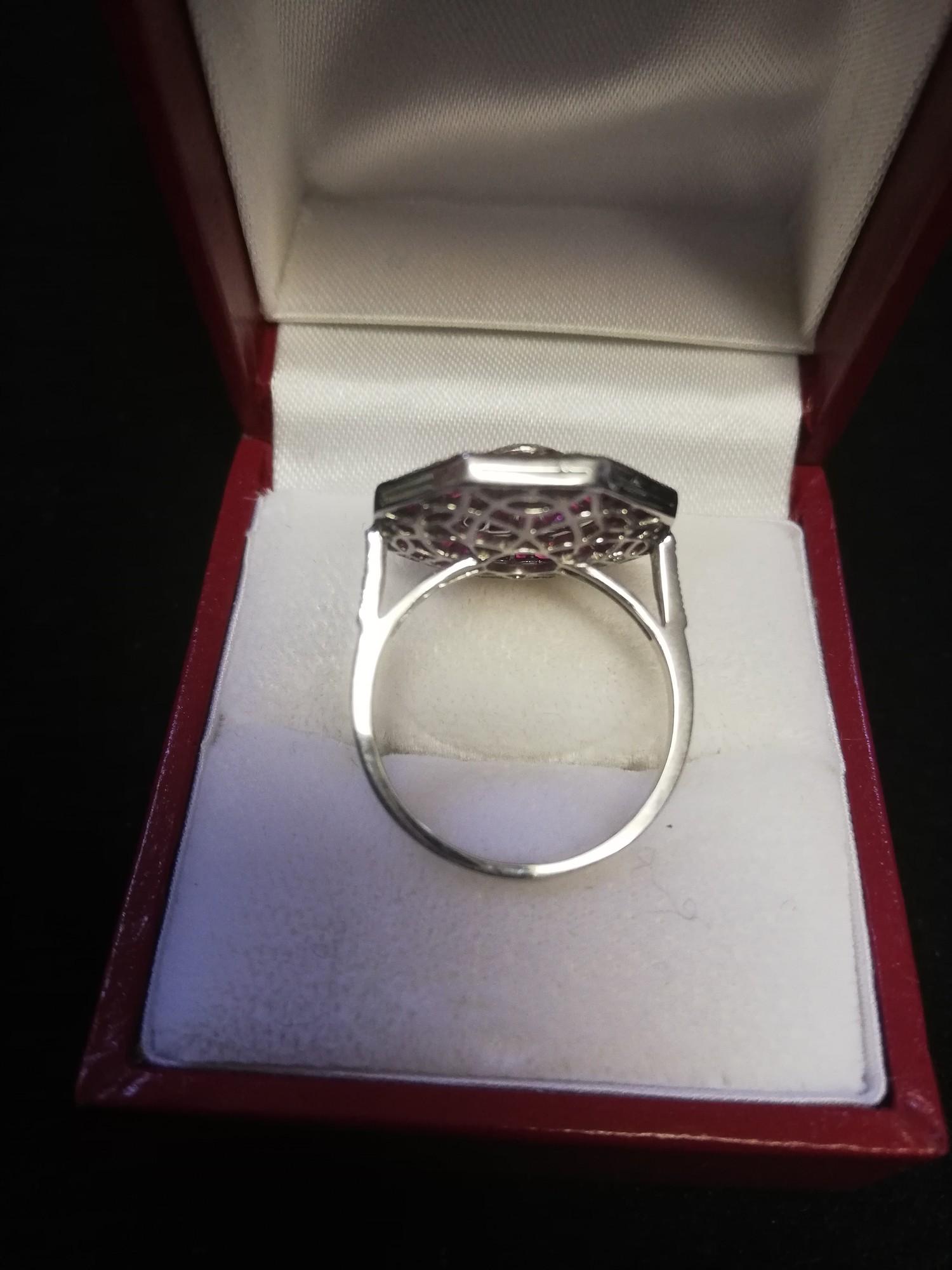 Fine quality octagonal shaped platinum ruby & diamond dress ring set with a central old cut diamond - Image 3 of 4