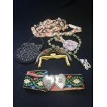 Embroidered belt with heart buckle, beadwork purse etc.